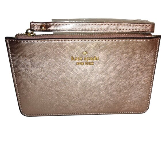 Kate Spade Rose Gold Shimmer Large Zip Wristlet Wallet Gold Tone Hardware - Picture 1 of 3